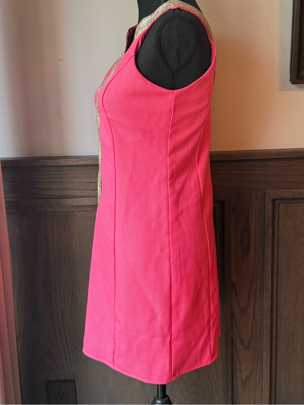 Pink Lily Hot Pink Mini Dress with Gold Beaded V-Neck medium NWT - Picture 3 of 9